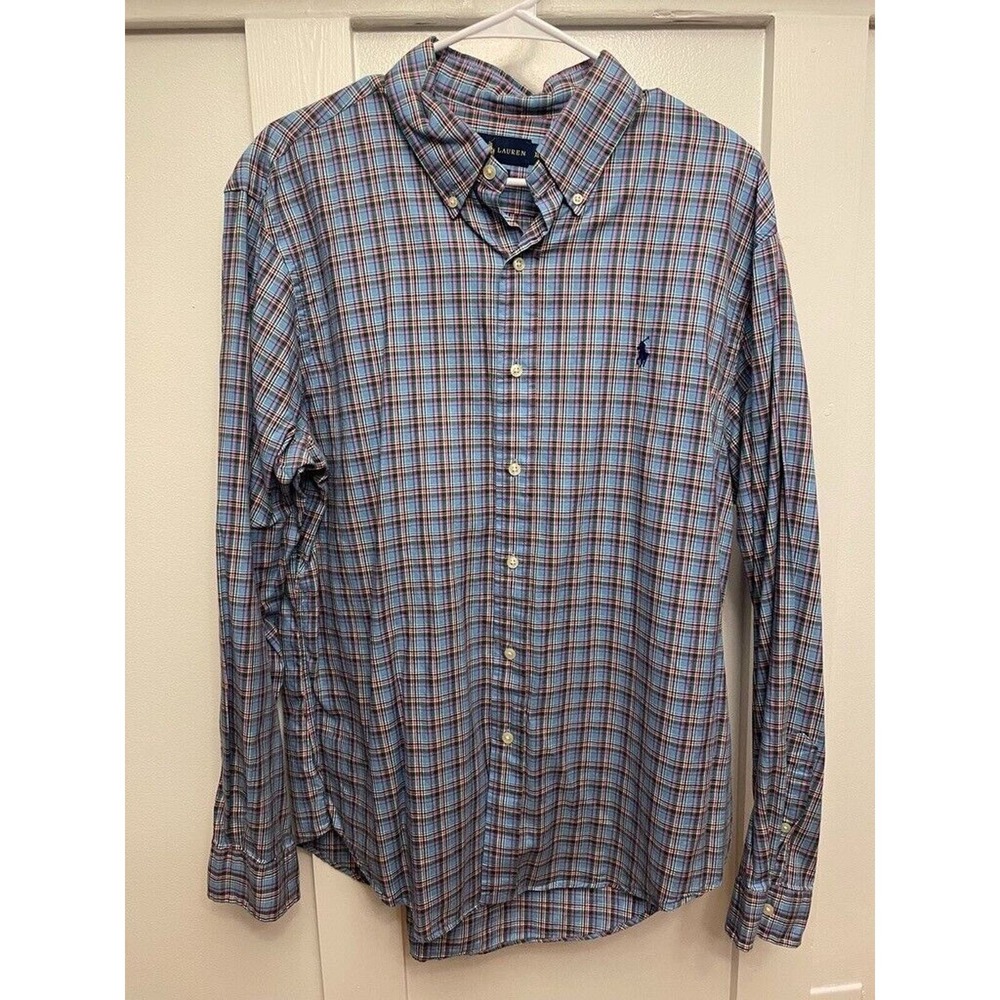 Polo Ralph Lauren Shirt Slim Fit Long Sleeve Plaid Checks Blue Men Sz XL Pony